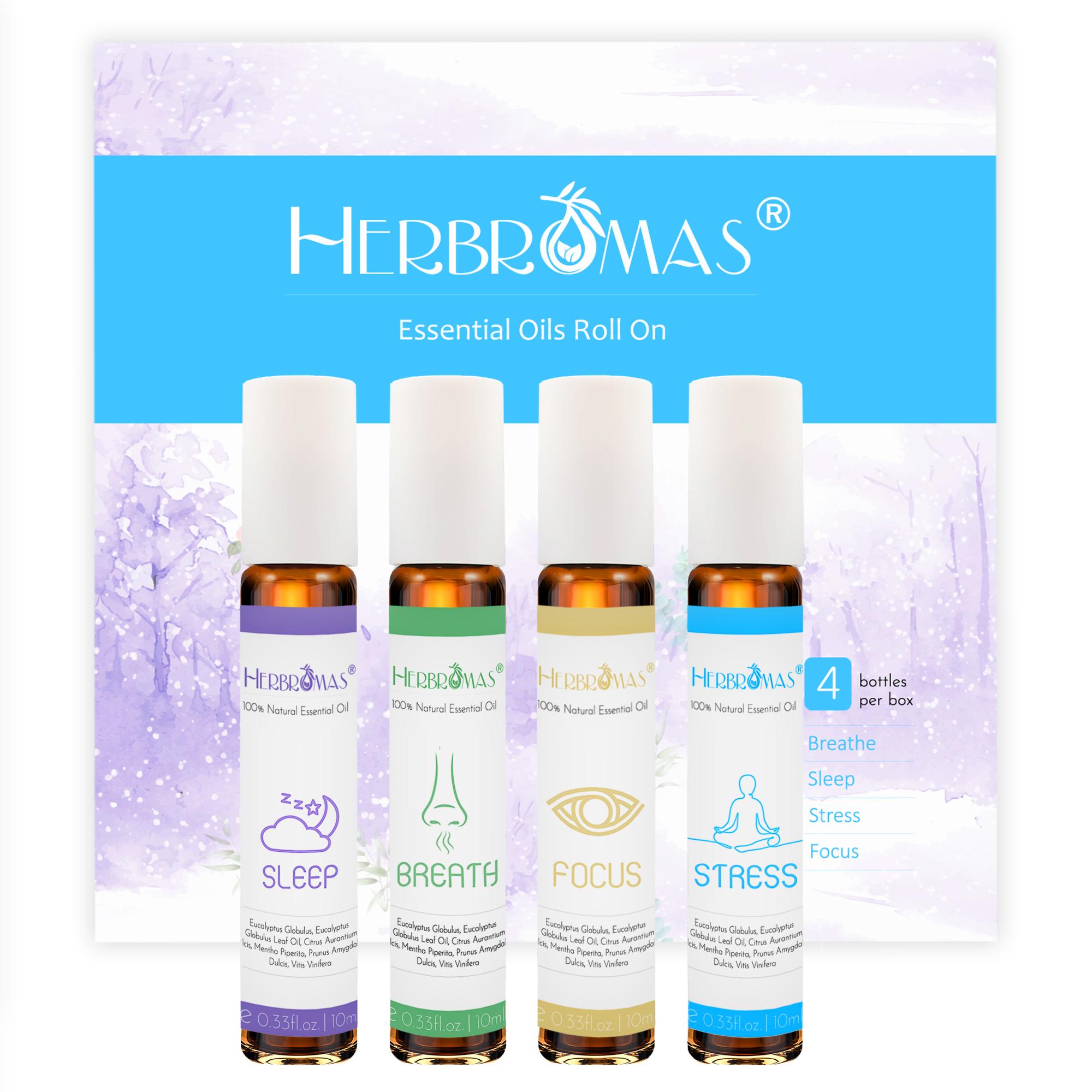 HERBROMAS Roll On Essential Oils Set – Stress Relief & Sleep Support, Lavender Peppermint Eucalyptus Grapefruit Aromatherapy Oil Roller, Portable Pre-Diluted Perfume Oil for Relaxation Focus Travel, 4 Pack HERBROMAS Roll On Essential Oils Set – Stress Relief & Sleep Support, Lavender Peppermint Eucalyptus Grapefruit Aromatherapy Oil Roller, Portable Pre-Diluted Perfume Oil for Relaxation Focus Travel, 4 Pack