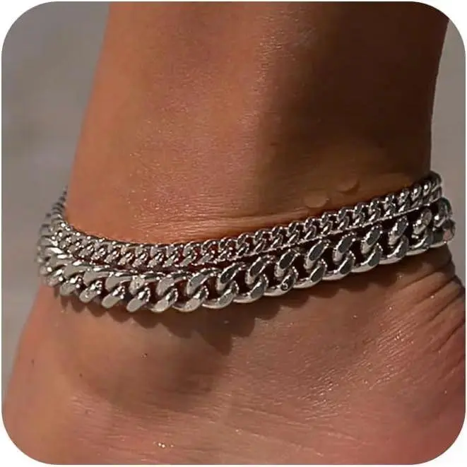 Silver Chunky Cuban Link Anklet for Women, Layered Chain Anklet with Adjustable Length, Double Layer Foot Jewelry, Trendy Summer Beach Jewelry Accessories for Women Girls, Vacation, Party, Daily Wear, Birthday, Holiday Gift