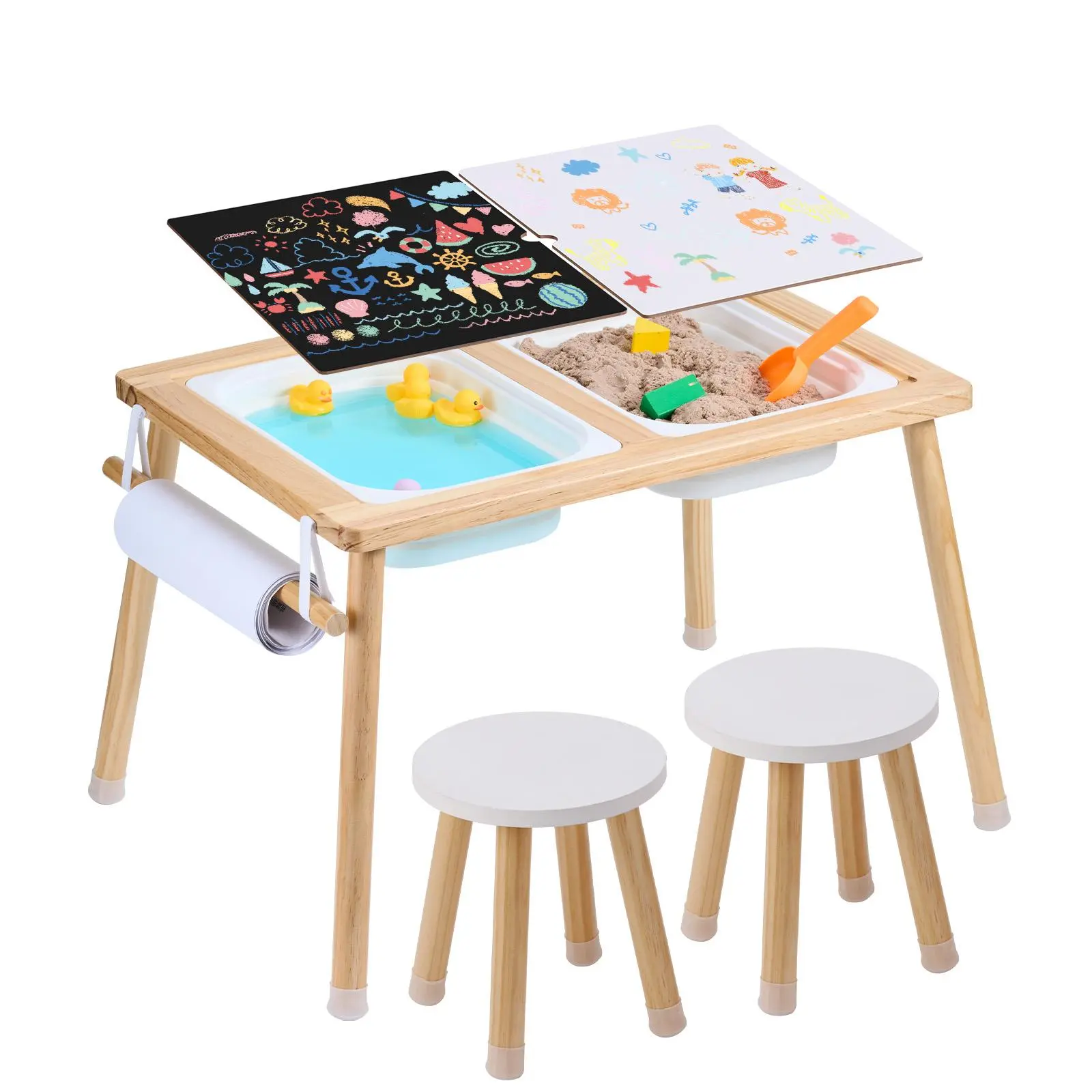 【SummerFinds】VEVOR Sensory Table and Chairs Set, Toddlers Activity Table with 2 Stools, 2 Storage Bins & Paper Roll Holder, Indoor/Outdoor Play Sand and Water Table, Wooden Kids Sensory Table - Gift for Boys Girls