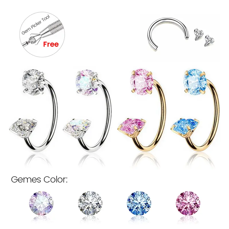 20G/18G 7mm Titanium Horseshoe Nose Ring(Free Gem Picker Tool) Internally Threaded Gems Lightweight