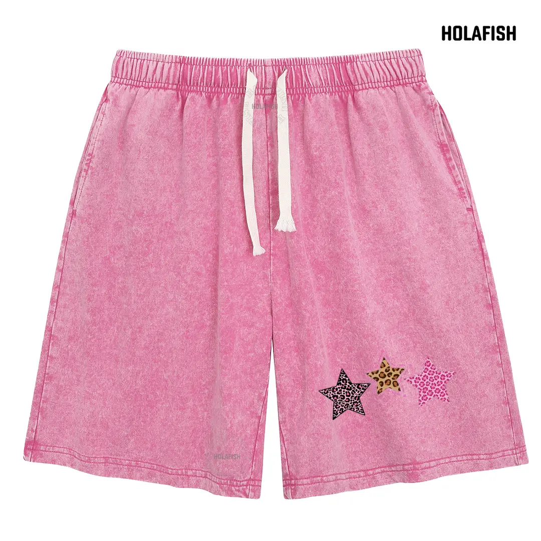 Holafish Women's Acid Washed Pink Star Print Vintage Cotton Shorts - Loose Elastic Waist, Flat Comfortable Sporty Casual Bottoms, Shorts for Women for Summer Jogs, Park Days, Streetwear, Unisex, Plus Size Shorts