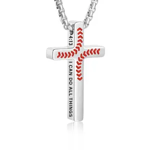 Baseball Bible Verse Inspirational Cross Necklace for Boys Men, Stainless Steel Cross Pendant Baseball Easter Basket Stuffers Christian Religious Jewelry Gifts for Teen Boys Kids