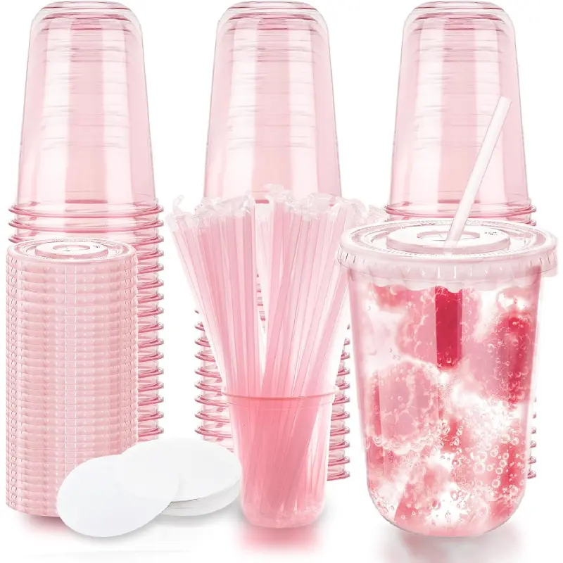 16oz Transparent Lightweight PET Disposable Stemless Glass Set - Flat Lids, Straws, Clear Plastic Wine Cups for Parties, Weddings (50, Pink)