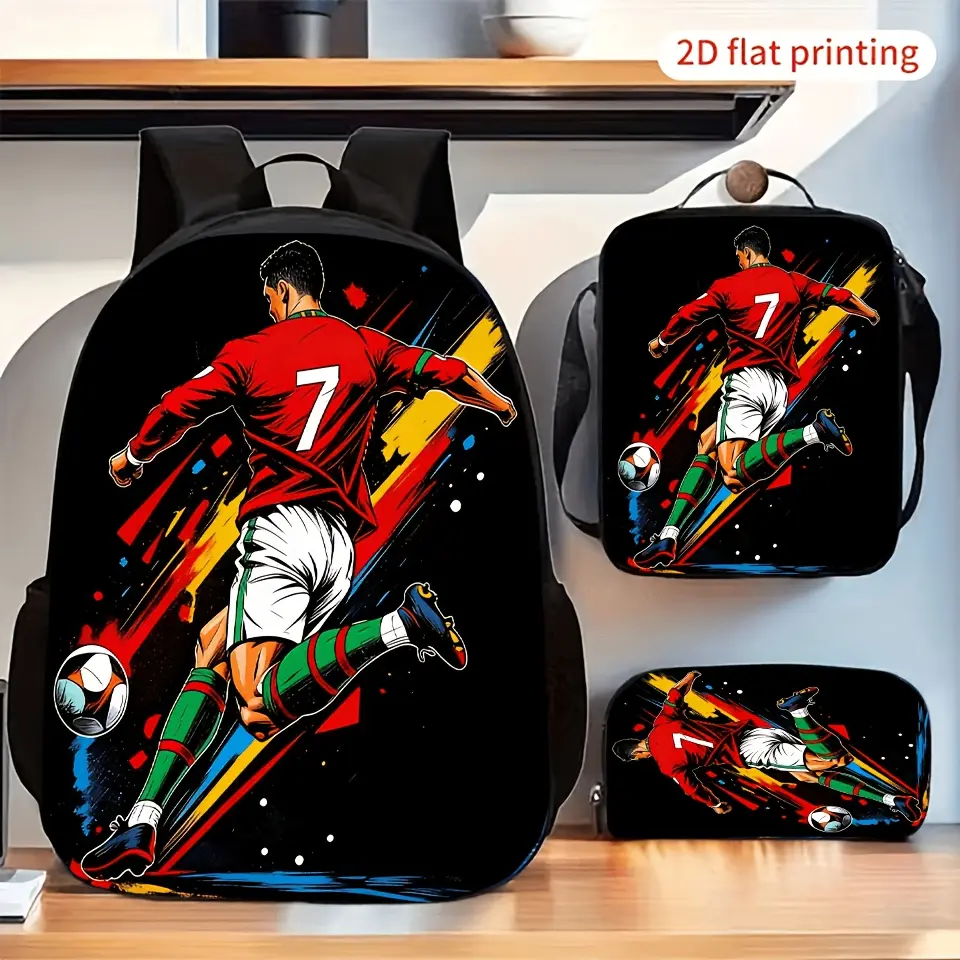 CR7 Portugal Soccer Star 3-Piece Backpack Set, Graffiti Print School Bag + Lunch Bag + Pencil Case, Oxford Cloth Adjustable Strap Daypack for Fans & Kids