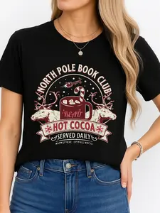 Cropped Black T-Shirt with North Pole Book Club Hot Cocoa Print for Festive Season Summer Personalized Short Sleeve Tee Unisex Breathable Versatile Plus Size USA Made Cotton Top