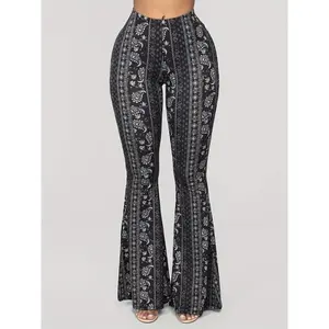 2025 New Fashion Paisley Print High Waist Bell Bottoms - Women's Flare Pants - 100% Polyester Knitted Fabric, All Season,  Comfort Fit Leg Womenswear Trouser Fitted Casual Comfy Stretch