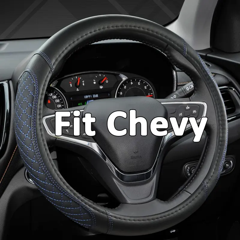 Customized Auto  Steering Wheel Cover for Chevy Silverado,Tahoe,Equinox,Traverse,Trailblazer,Colorado ( Quilted-Black+Blue-Standard Size)