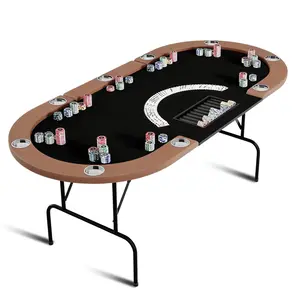 YJ-Garvee Oval Poker Table with Collapsible Legs for 10 Players, Casino Leisure Gaming Table Featuring Texas Holdem and Blackjack, Equipped with Stainless Steel Cup Holders for Enhanced Gameplay ExperienceBrown