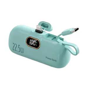 Mini Portable Power Bank 5000mAh Charger with Digital Display and Type-C/Lightning Cables for iPhone and Android Devices Supports 22W PD Fast Charging