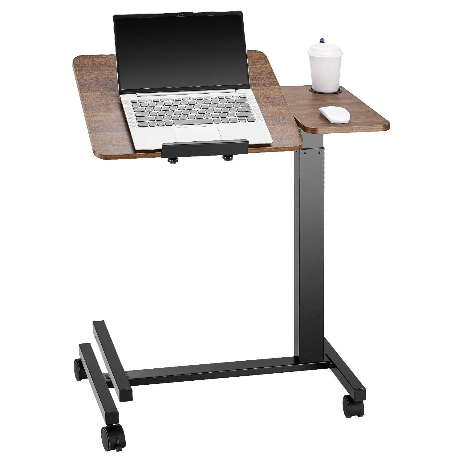 【SummerFinds】VEVOR Adjustable Bedside Table - Height-Adjustable, Hydraulic, Laptop-Friendly, Portable Mobile Overbed Table with Flip Desktop, 4 Wheels, Cup Holder, Wood + Black for Home, Office, Height-Adjustable Bedside Tables