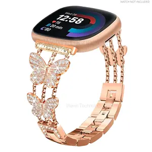 Shiny metal strap suitable for Fitbit Versa 4/Sense 2/Versa 3/Sense strap, diamond butterfly fashionable women's strap can replace Fitbit smart watch butterfly detachable metal strap women's strap Smartwatch strap