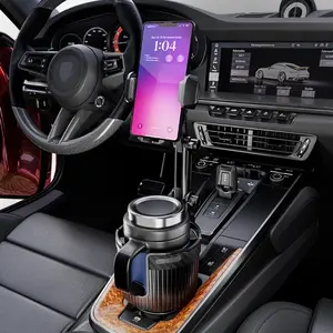2 in 1 Car Cup Phone & Bottles Holder Adapter Extender with Long Arm Adjustable, 360° Rotatable Car SUV Cup Phone Mount Stand Expandable Anti-Slip for Large Water Bottles Mug, Universal Car Interior Accessory for iPhone Samsung Smartphone and Most Drinks