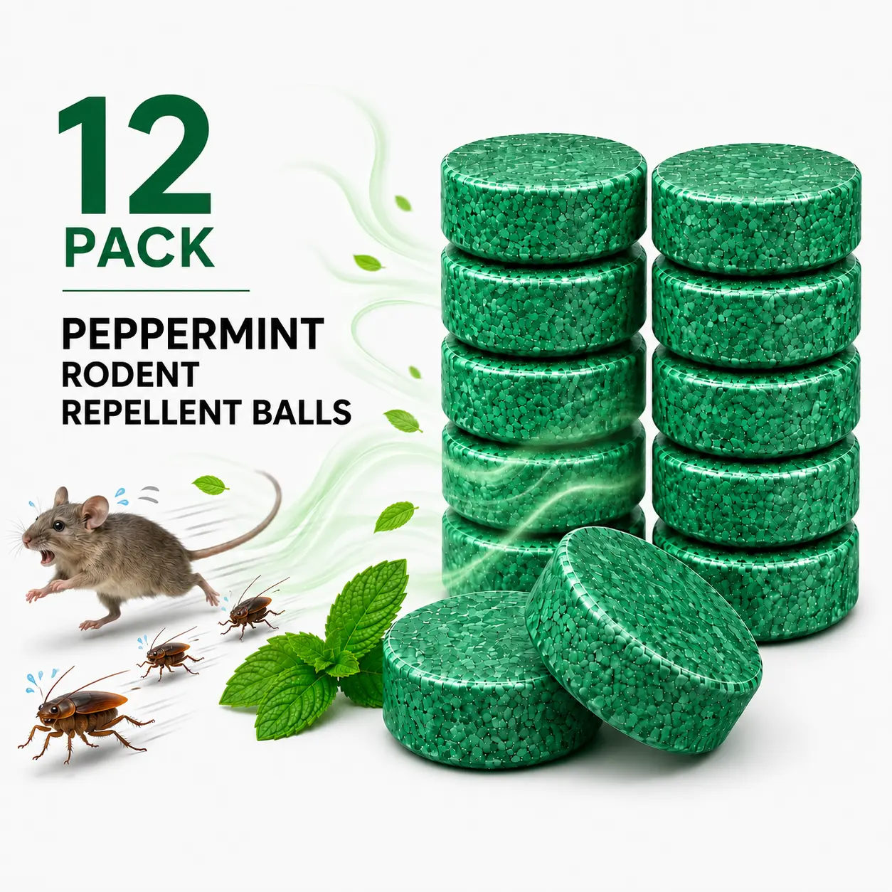 Rodent Repellent - 100% Natural Peppermint Oil Mouse & Pest Repellent Balls (12 Pack), Pesticide-Free Pet Friendly, Safe Rodent Deterrent for Indoor, Outdoor, Home & Garage