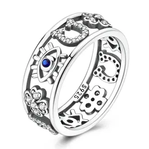 NARMO 925 Sterling Silver Lucky Ring – Amulet ring featuring the Eye of Evil, Four-Leaf Clover, and Horseshoe, set with cubic zirconia, a perfect jewelry gift for women and young girls.