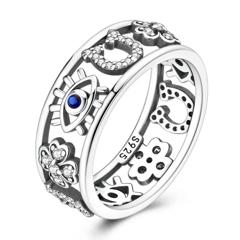 NARMO 925 Sterling Silver Lucky Ring – Amulet ring featuring the Eye of Evil, Four-Leaf Clover, and Horseshoe, set with cubic zirconia, a perfect jewelry gift for women and young girls.