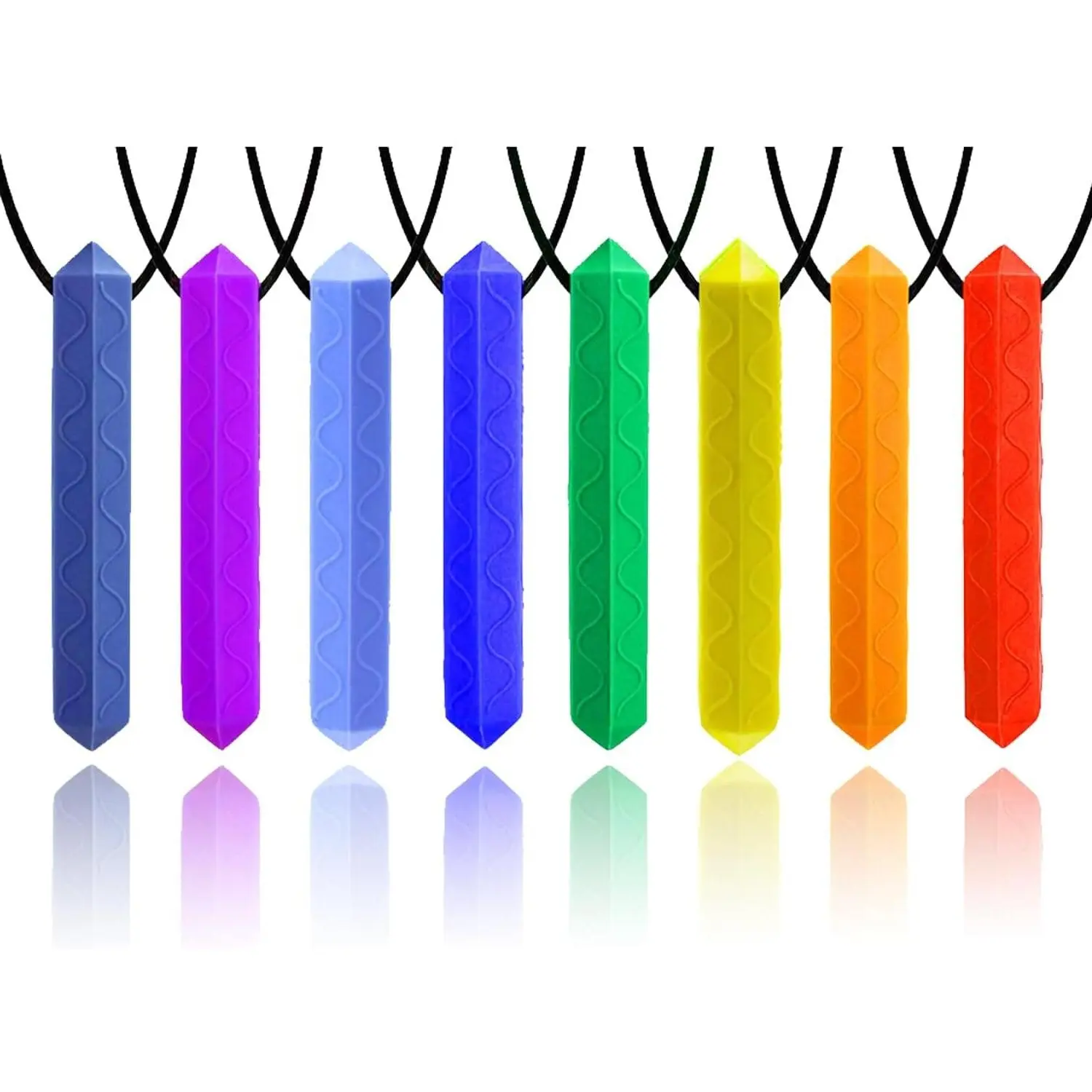 Unisex Sensory Chew Necklaces for Kids Age 5+, 8-Pack Rainbow Food-Grade Silicone Pendants (2.75in) with Diamond Textured Block, Columnar Styles, Textured Dots, Detachable Cord, Buckle, Elastic Cord, Accessories for Daily Wear