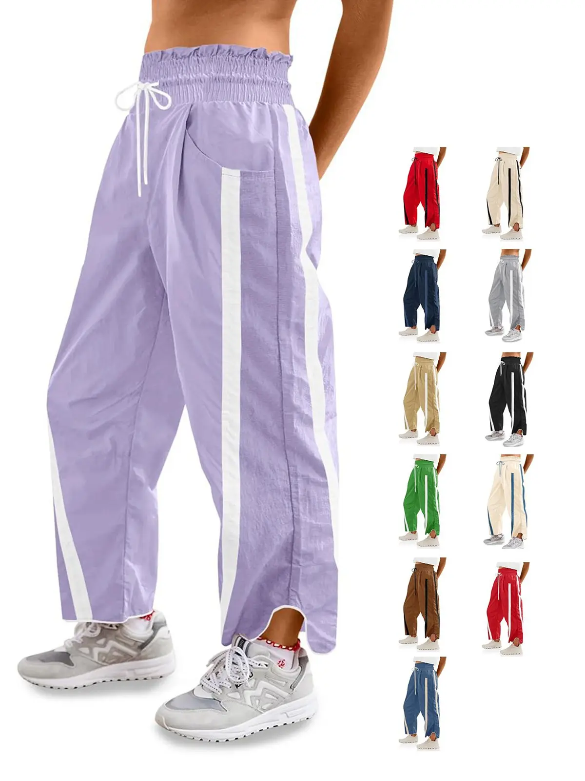 FISOEW Women's Baggy Wide Leg Pants Casual Drawstring Elastic Waisted Contrast Color Workout Y2K Track Pants Crop Top Comfort FallFreshness Lightweight Outdoor outfit cuffed wide leg sweatpants joggers #TikTokShopJumpstartSale Fitted Parachute sweatpants