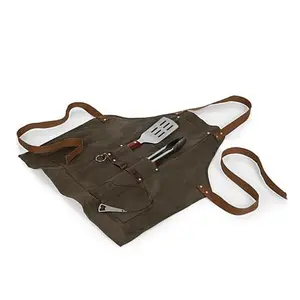 Picnic Time BBQ Apron w/ Tools & Bottle Opener -Khaki Green w/ Accents