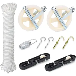 TooTaci Outdoor Clothesline Kit, 5" Nylon Clothes Line Pulley Kit, 150ft Clothesline Pulley Kit, Polyester Clothesline Rope Heavy Duty, Clotheslines S Separator Spreader, Clothesline Tightener, Hook
