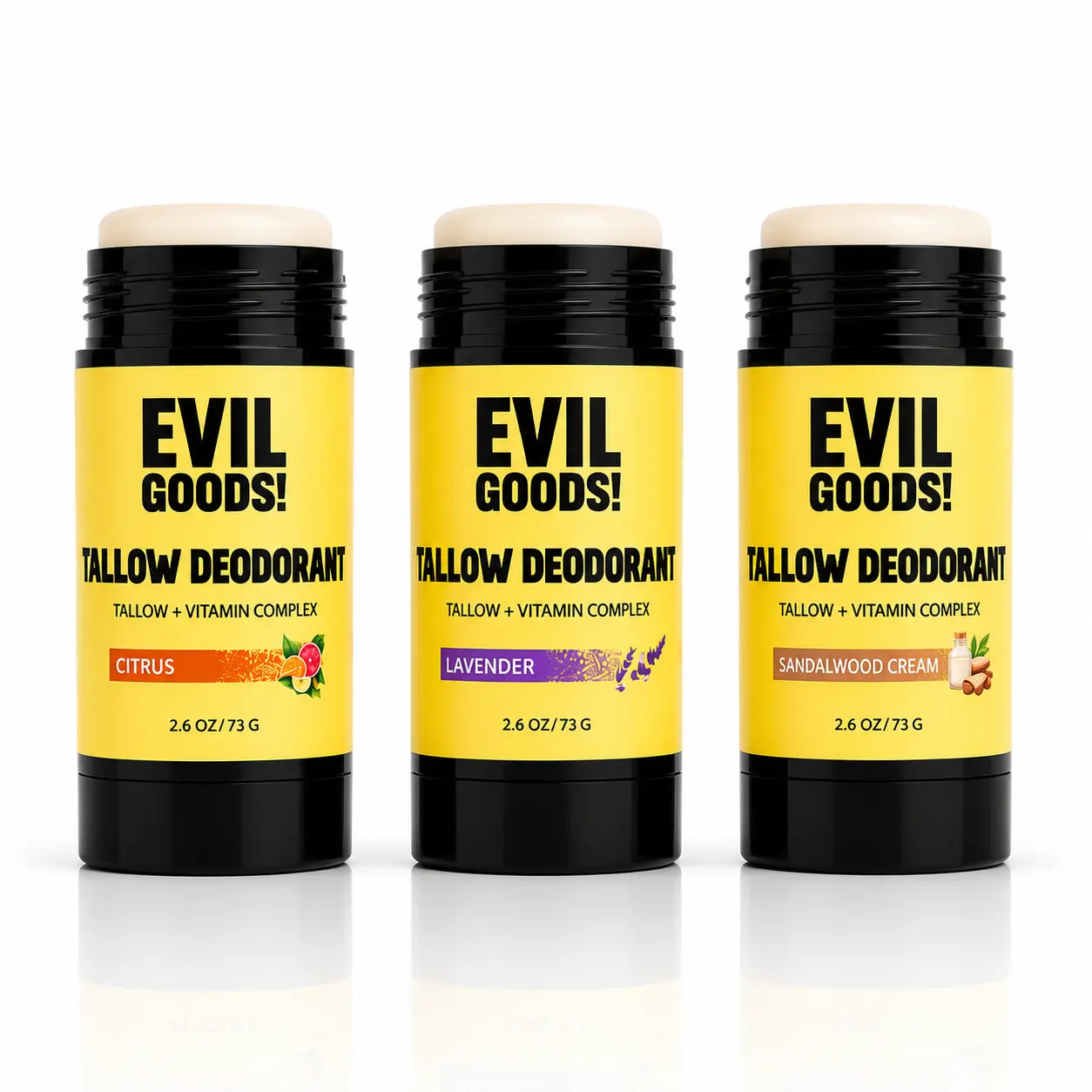 EVIL GOODS! 3-PACK Natural Tallow Deodorant 2.6 oz – Aluminum & Baking Soda Free Stick for Sensitive Skin – Grass-Fed Beef Tallow with Kaolin Clay & Vitamin E