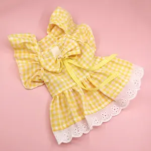 Cute Fashion Print Pet Dress with Bow, Plaid Pet Costume, Elastic Mesh Princess Dress, Puppy Cat, Complete Set, Clothing