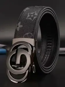Elegant Dual Ring Automatic Trendy Versatile Buckle Men's Belt, Classic Vintage Pattern Leather, Durable Commuter Gift, Stylish Men's Waistband