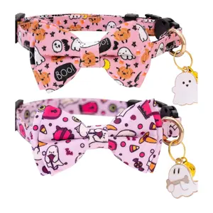 Faygarsle 2 Pack Breakaway Cute Halloween Cat Collar Collection Ghosts Pattern with Bell for Kittens Female Male Cats Seasonal Holiday Bowtie Fall Cat Collar Pink Purple
