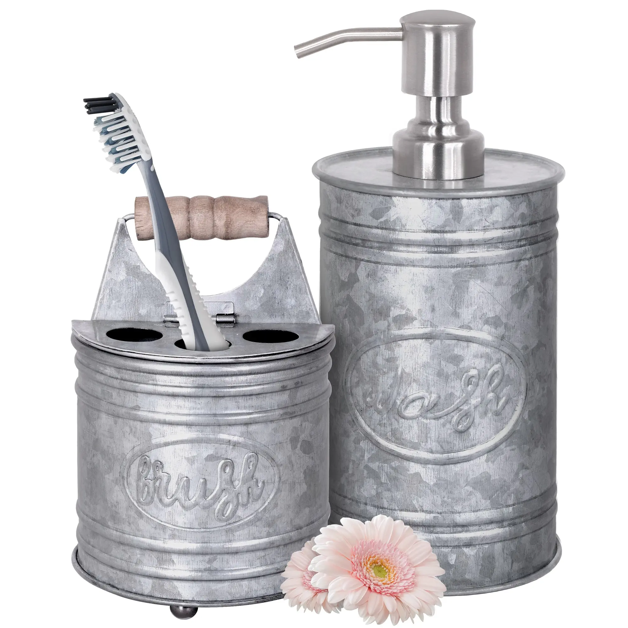 Autumn Alley 2-Piece Galvanized Rustic Bathroom Accessory Set with Soap Dispenser, Toothbrush Brush Holder - Farmhouse Bathroom Accessories