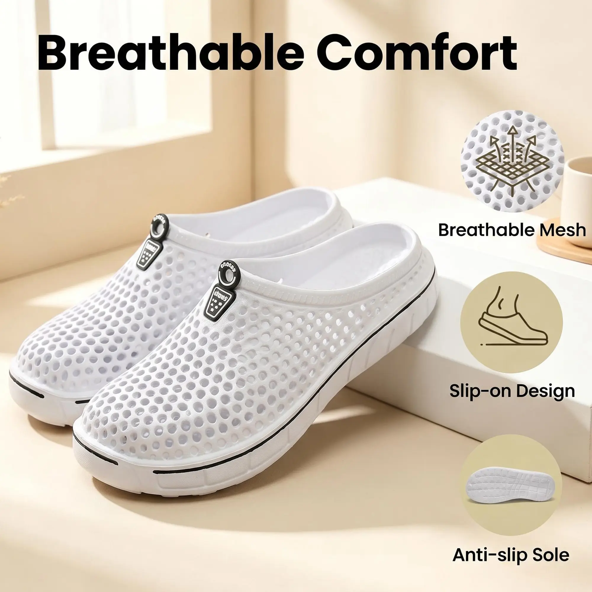 Women's White Breathable Slip-On Clogs | Non-Slip Lightweight Indoor Outdoor Summer Mules | Comfortable Hole Slippers