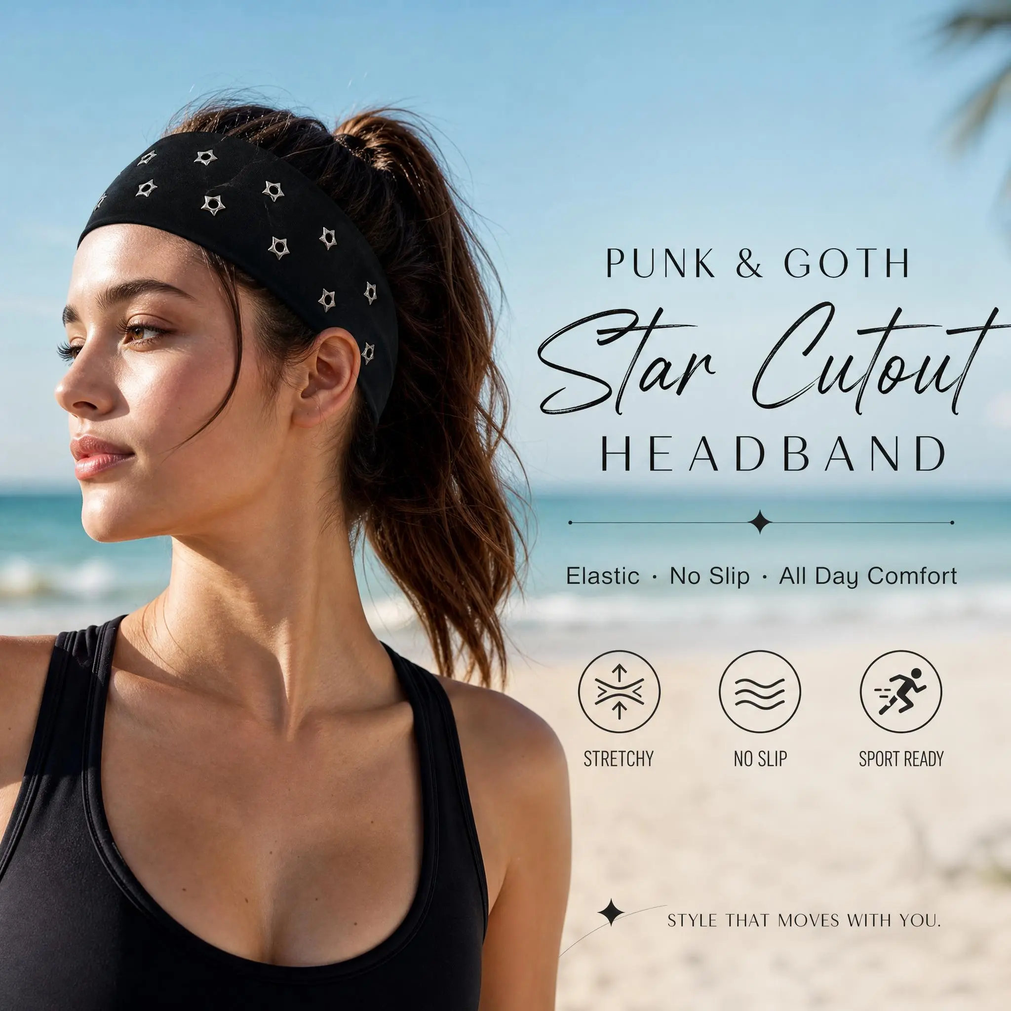 Women's Fashion Punk Gothic Star Pattern Soft Non‑Slip Elastic Hollow Beach Workout Headbands, Yoga Sport Gym Headband Hair Accessory
