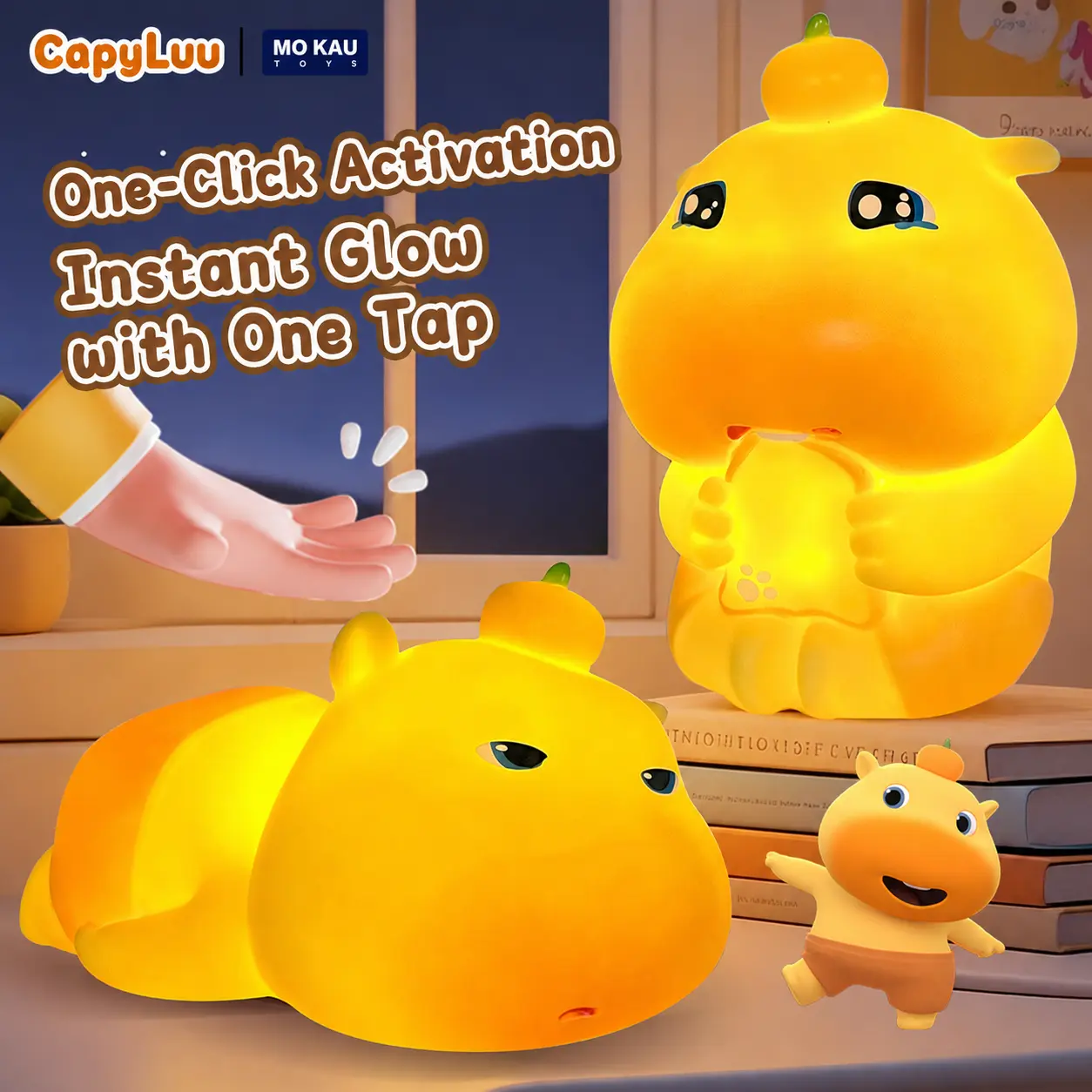 MINISO Dundun Capybara Tap Night Light - Cute Pat-to-Glow Silicone LED Lamp, Stress Relief Compact-Size Animal Fidget Toy for Bedroom Nightstand, Gifts for All Ages