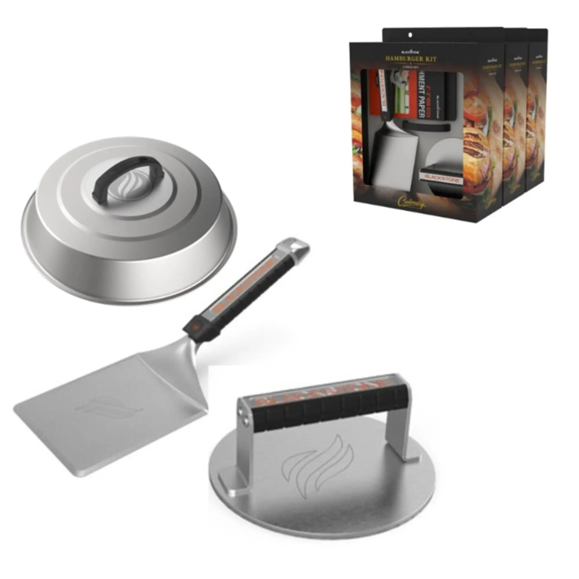 Blackstone Stainless Steel Grill Barbecue Tool Set - 4.12 lbs, Hamburger Press, Extra-Wide Spatula, Essential Outdoor Grilling Utensils