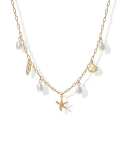 PAVOI 14K Gold Plated Charm Necklace for Women with Pearl, Seashell - Shell Necklace and Beach Jewelry for Women - Trendy Seashell Necklace and Beach Necklace