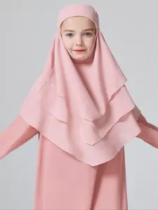 Girls' Pure Color Three-Layer Chiffon Hijab Khimar Modesty, Age 6-12 Years, Head Circumference Below 54 Cm, Middle Eastern Muslim Style For Muslim