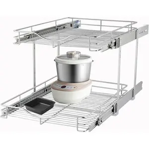 Pull Out Cabinet Organizer (14" W X 21" D), 2 Tier Pull Out Drawers Pull Out Shelves for Kitchen Cabinets, Wire Basket Slide Out Shelf for Cabinet Organization in Kitchen Pantry