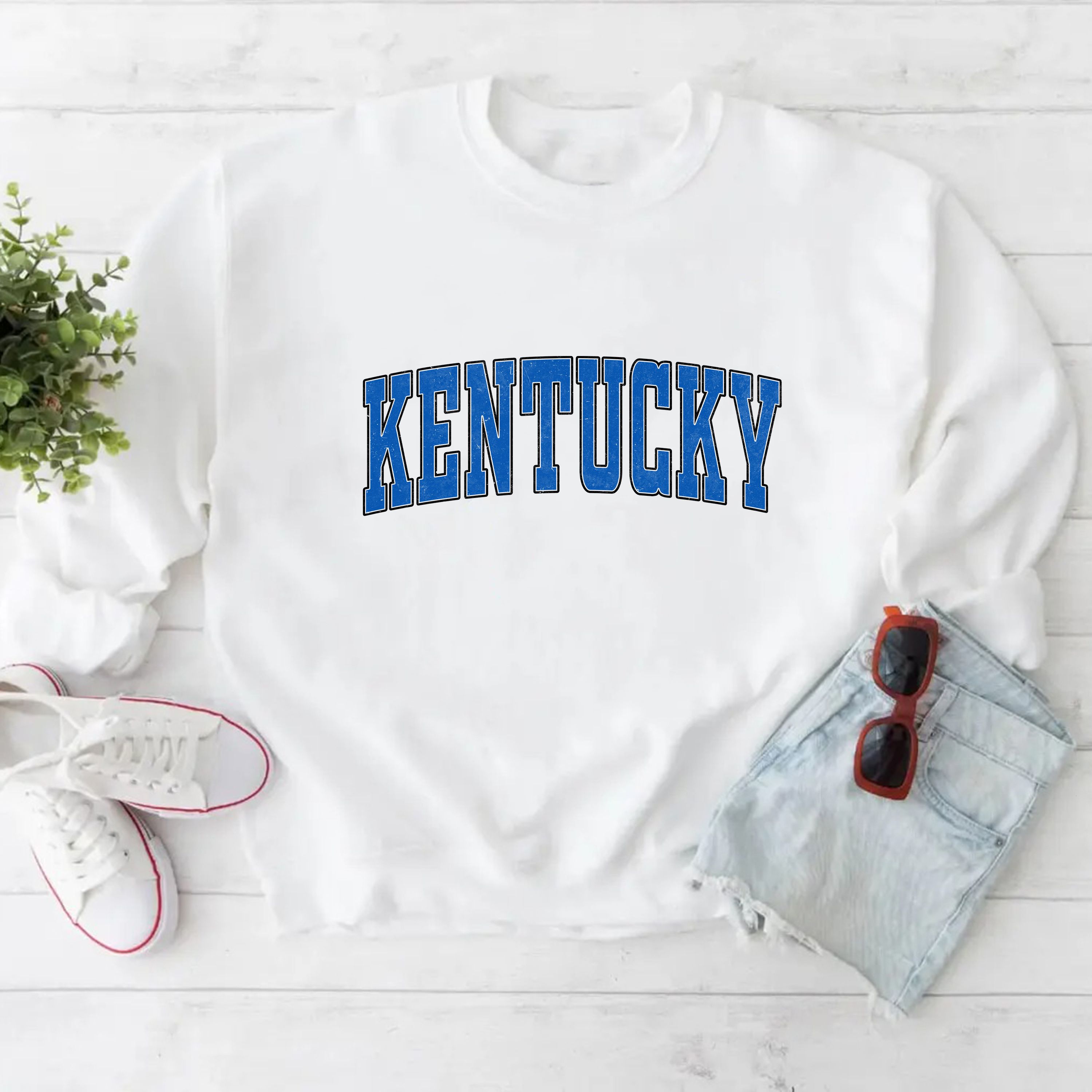 All Team – Kentukky Distressed Varsity College Sweatshirt – White, Custom Your Team, Game Day Outfit, Perfect for Casual Wear, Game Day Shirt, Menswear & Womenswear