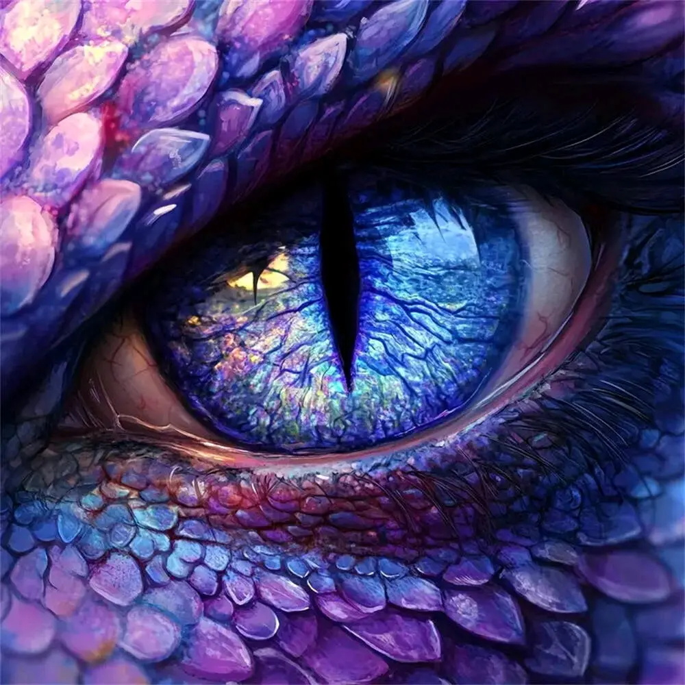 5D DIY Full Drill Diamond Painting Kit Vivid Purple Dragon Eye with Shining Blue Pupil Exquisite Scales Detail Fantasy Animal Round Square Diamond Embroidery Craft Embroidery Design for Home Wall Decoration Art Gift for Adults Hobbyists Handcraft
