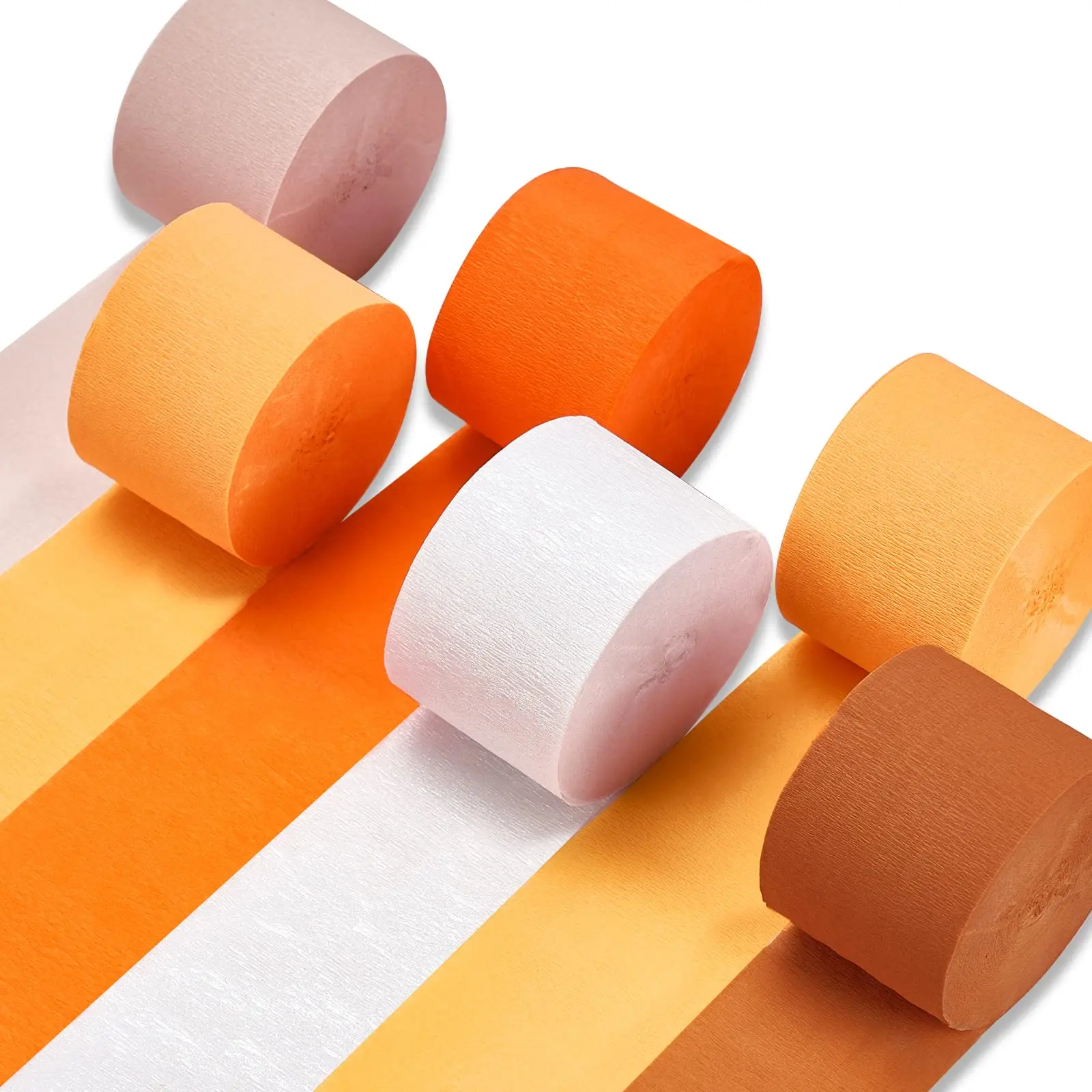 PartyWoo Crepe Paper Streamers, 6-Piece 492ft Pack - Light Orange, Burnt Orange, Baby Pink, White - for Halloween, Wedding, Gender Reveal Party Decorations