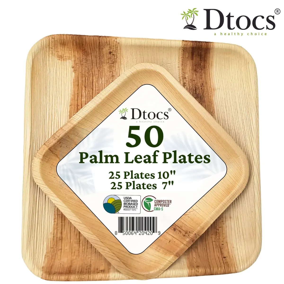 50 Party Plates | 10" Dinner (25), 7" Dessert (25) Square Palm Leaf Plates