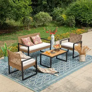 Phi Villa 4-Piece Patio Conversation Set - Wicker Chairs, Acacia Wood Coffee Table, Solid Wood Tabletop, Durable & Stylish Outdoor Design Furniture, Deals for You