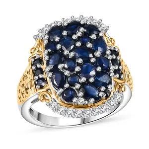 Premium Blue Sapphire and Moissanite 3.25 ctw Gilded Dynasty Ring in 18K Vermeil Yellow Gold and Rhodium Over Sterling Silver Size 10 Christmas Gifts