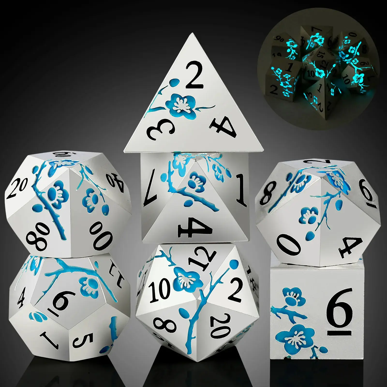 Metal Blue Blossom Glow Dice - Set of 7 With Tin - D4 through D20 - Great for RPG Games Like D&D