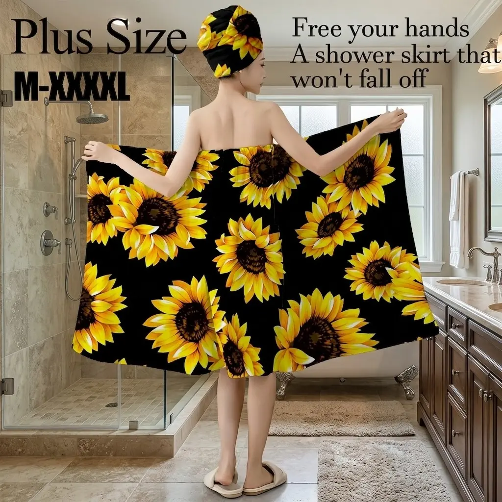 Plus Size M-XXXXL Black Sunflower Print Bath Wrap Skirt & Hair Towel Set, Non-Slip Adjustable Shower Skirt for Bathroom, Spa, Bridal Shower, Summer Vacation