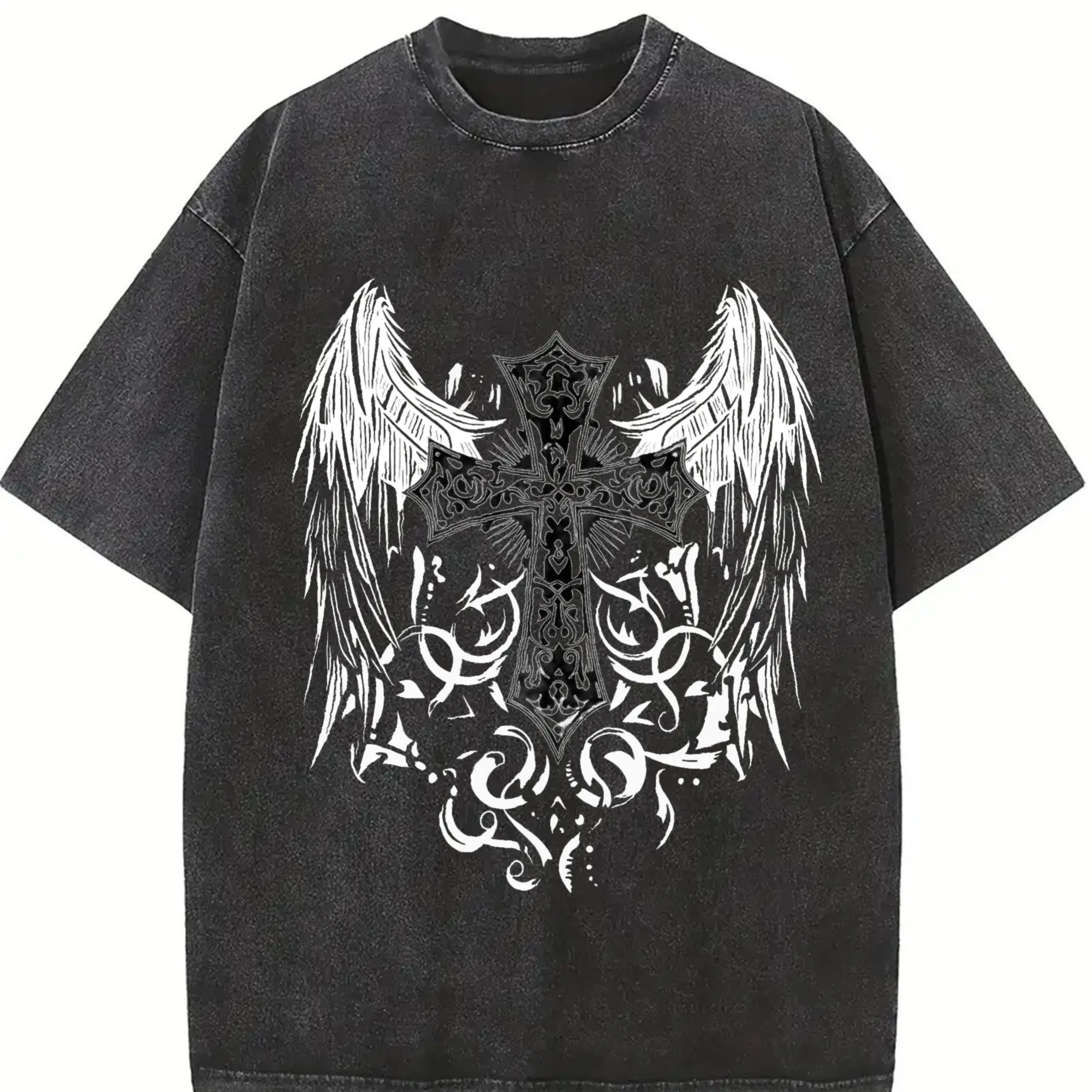 Gothic Streetwear Lover + Ornate Angel Wing Cross Print + Sand-washed Vintage Feel + Oversized Relaxed Fit + Music Festival Essential for Men + Pre-shrunk 100% Cotton Washed T Shirt 230gsm