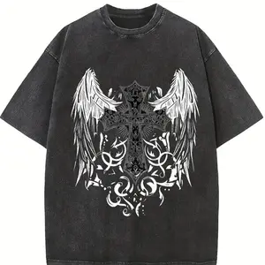 Gothic Streetwear Lover + Ornate Angel Wing Cross Print + Sand-washed Vintage Feel + Oversized Relaxed Fit + Music Festival Essential for Men + Pre-shrunk 100% Cotton Washed T Shirt 230gsm