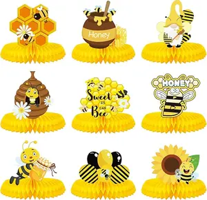 9pcs Bee Baby Centerpiece Bumble Honeycomb Centerpieces Honeycomb Yellow Bee Table Centerpieces for Bee Day Baby Shower Birthday Party Decoration Bee Baby Shower Birthday Party Decorations