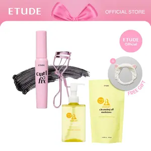 [ETUDE Official] FREE Hairband Gift | Curl Fix Mascara & Curler #01 BLACK + Real Art Cleansing Oil Moisture Refill 6.25 fl oz (185ml) Set | Complete Eye Makeup & Cleansing Bundle | K-Beauty Essentials | Youthful Glow