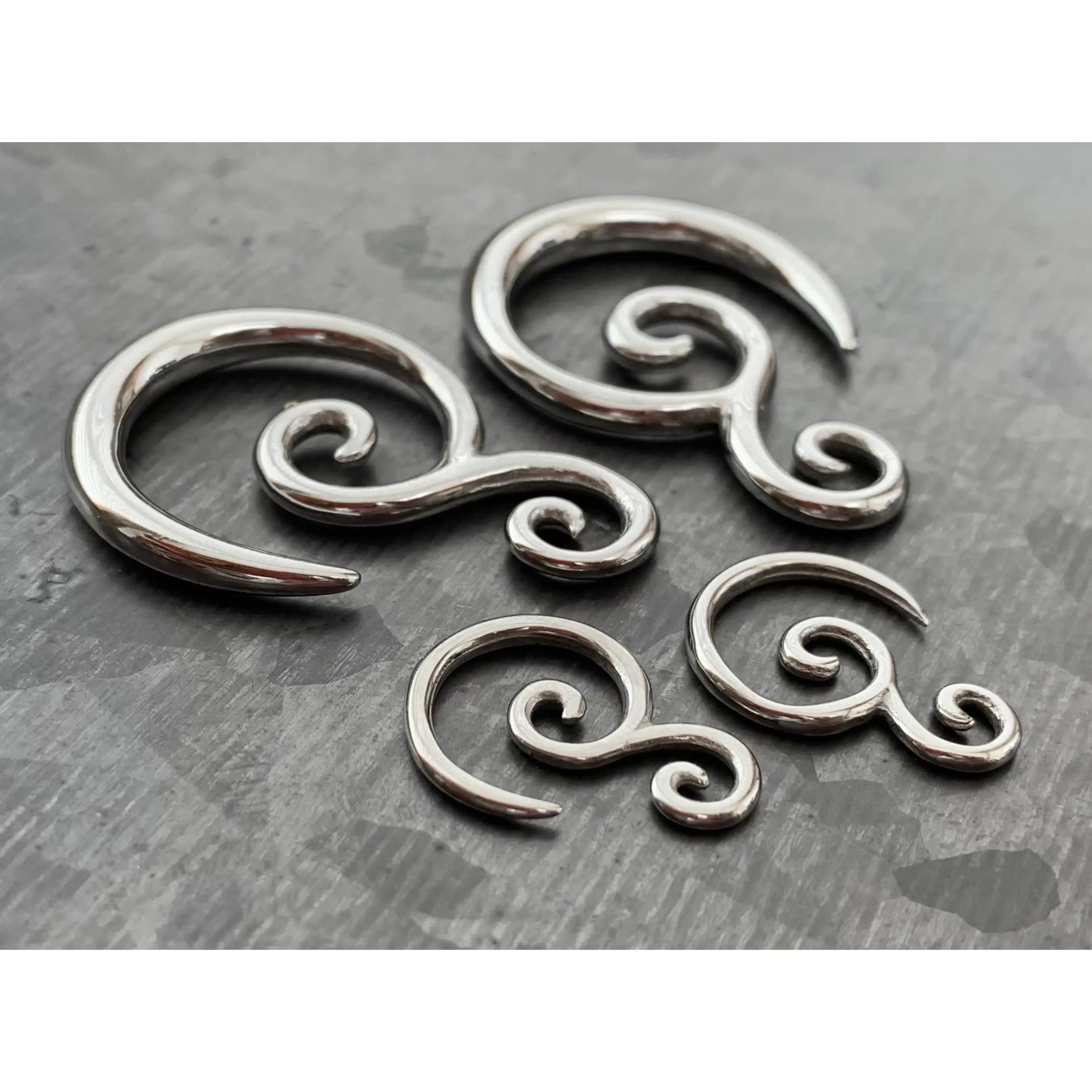 PAIR of Stunning Steel Double Swirl Hanging Tapers - Expanders - Gauges 14g (1.6mm) thru 6g (4mm)