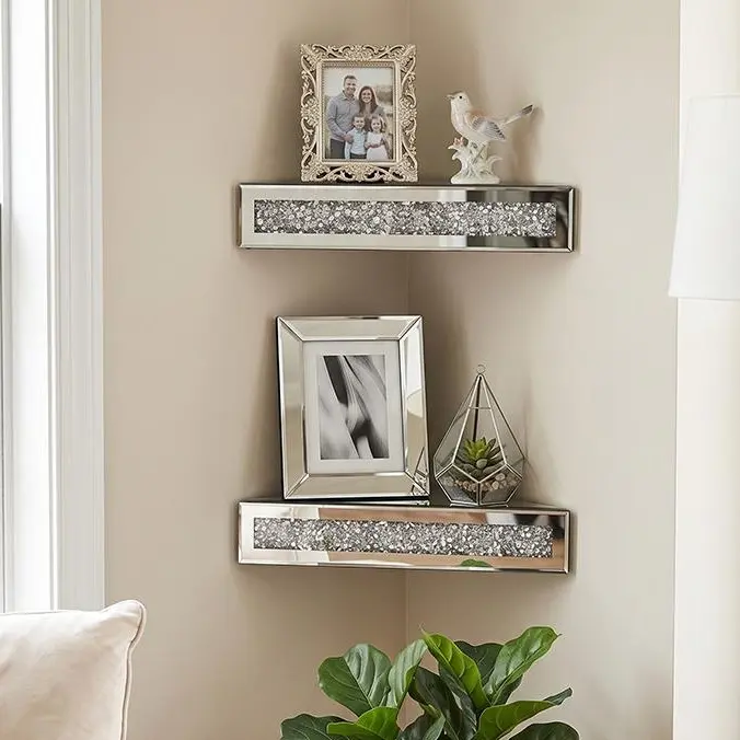 Mirrored Floating Corner Shelf Set of 2 - 11.8" Triangle Silver Mirror Crushed Diamond Wall Shelves for Home Decor, Crystal Diamond Art Deco Display for Living Room, Bedroom - 90°Right Angle Only, Wall Decor, Home Decor For Wall