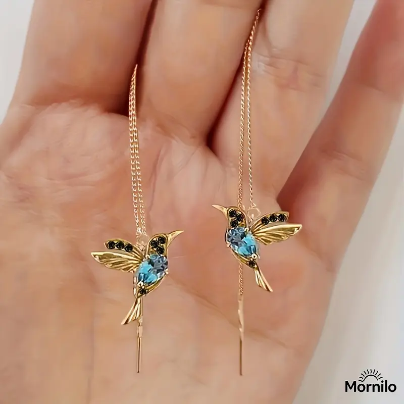 3Pairs/1 Pair Trending Hummingbird Long Threader Earrings for Women,Blue Synthetic Zirconia Bird Drop Earrings, Dainty Gold Tone Statement Jewelry, Lightweight Elegant Minimalist Earrings for Everyday Wear,Birthday Gift,Viral Aesthetic Fashion Accessories